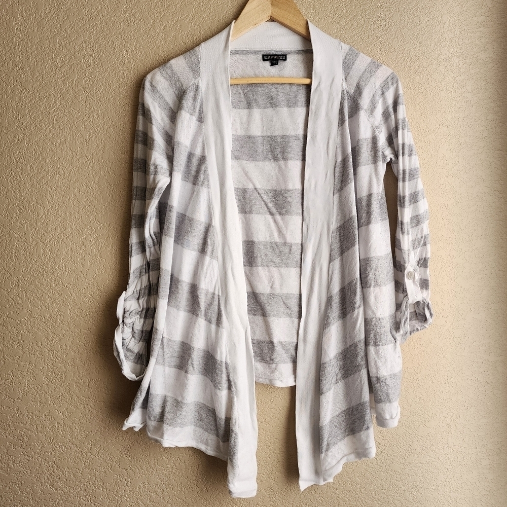 Express Gray and White Striped Knit Cardigan Size M